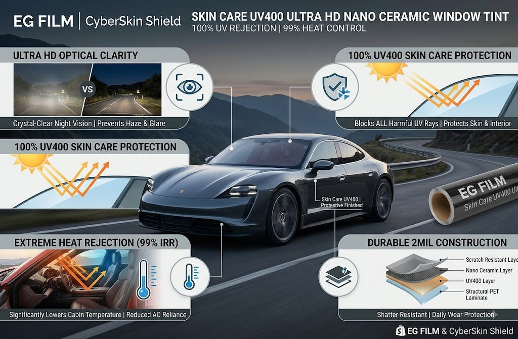 Skin Care UV400 Ultra HD Nano Ceramic Window Tint Film – 100% UV Rejection & 99% Heat Control - EG FILM & CyberSkin Shield