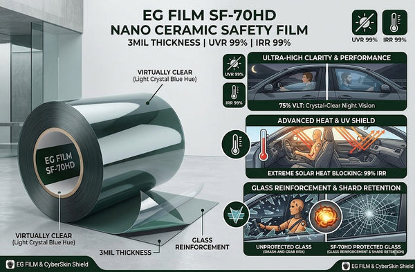 EG FILM SF-70HD 3MIL Nano Ceramic Safety Film | VLT 75% | UVR 99% | IRR 99% - EG FILM & CyberSkin Shield