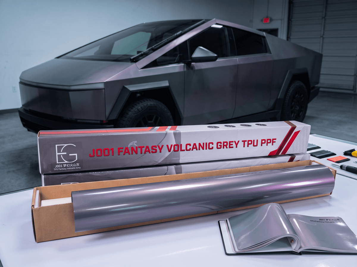EG Film Cyberskin Shield color PPF roll in volcanic grey, featuring fantasy-inspired TPU material for automotive protection.