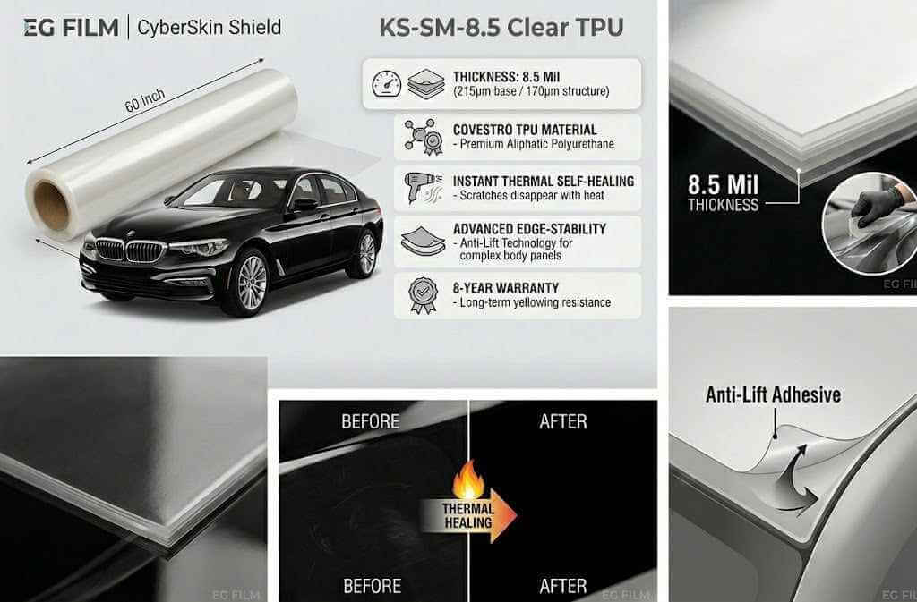 KS-SM-6.5 Clear TPU Paint Protection Film | 6.5 Mil Covestro Material | Self-Healing & Anti-Lift