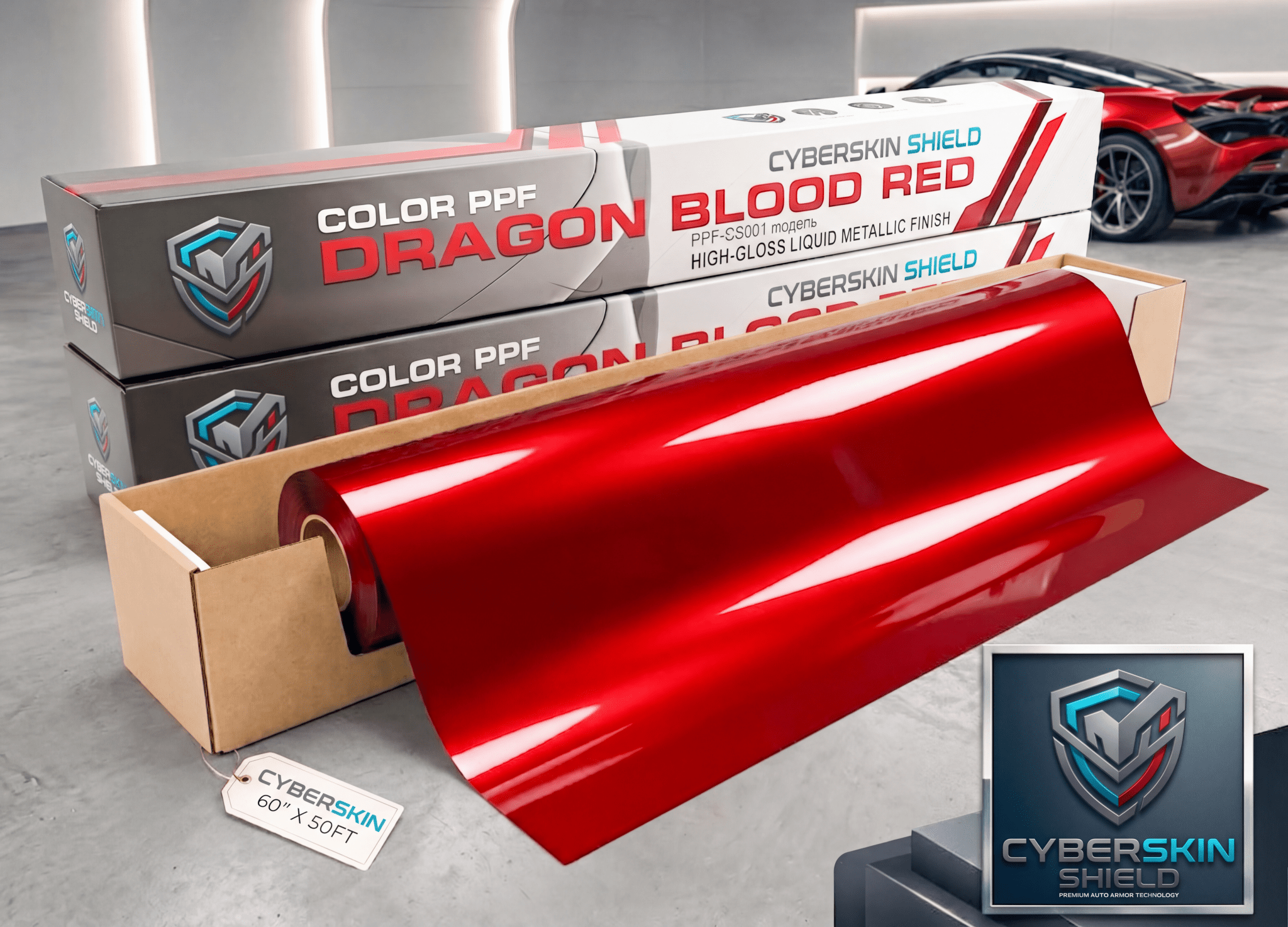 CyberSkin Blood Dragon Red Paint Protection Film by My Store, a vibrant red color PPF for vehicle protection and styling.
