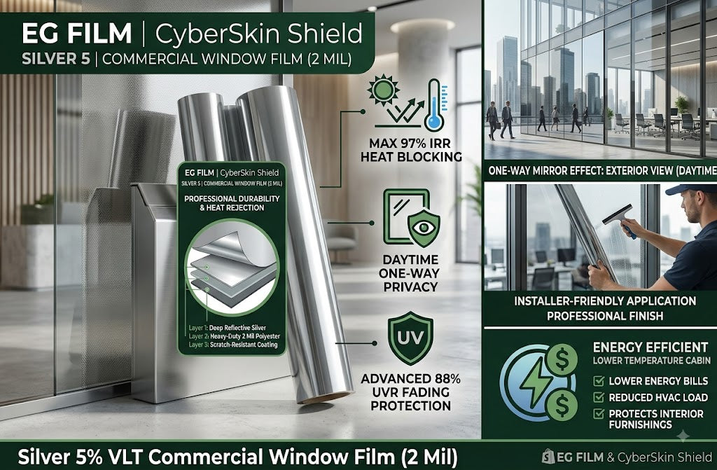 Silver 5% VLT Commercial Window Film (2 Mil) – 1.52x30M Roll – 97% IRR, 88% UVR - EG FILM & CyberSkin Shield