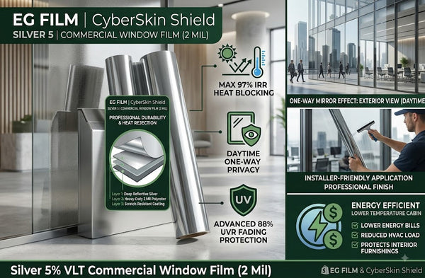 Silver 5% VLT Commercial Window Film (2 Mil) – 1.52x30M Roll – 97% IRR, 88% UVR - EG FILM & CyberSkin Shield