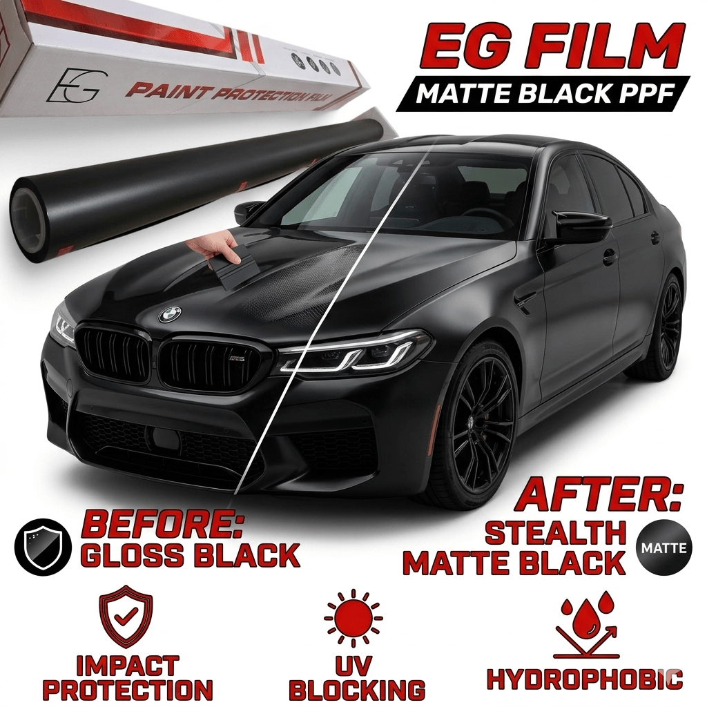 EG Film Color PPF Matte Black roll, 60"x20ft, 7.5mil TPU protective film, showing the matte black finish and roll edges.