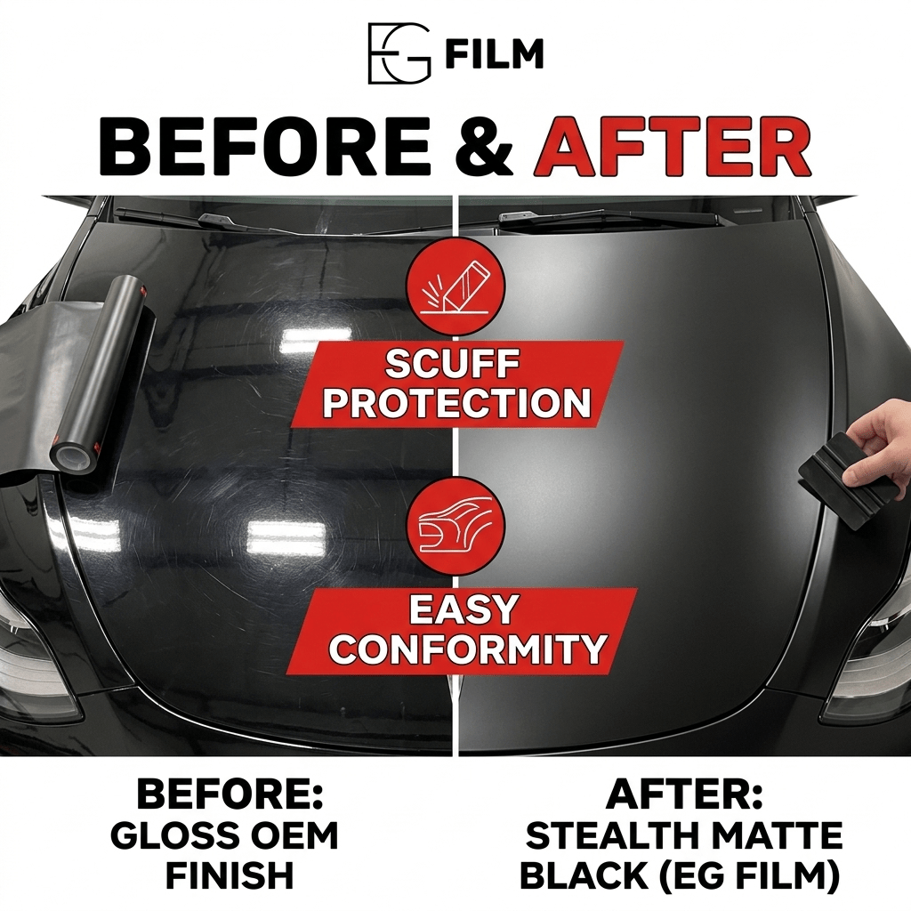EG Film color matte black PPF roll, 60"x20', 7.5 mil TPU protective film for vehicle surfaces, shown in the image.