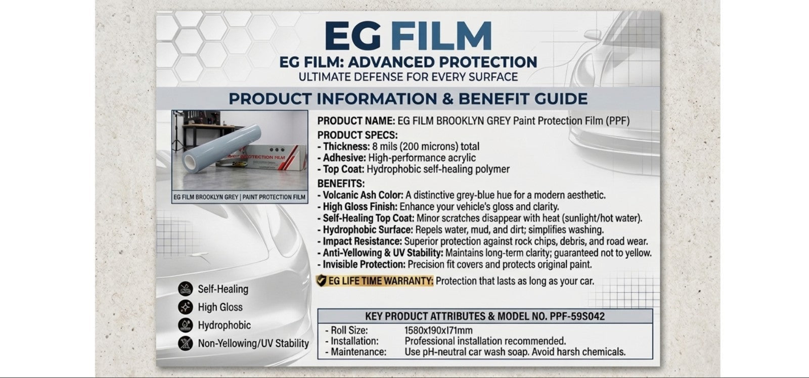 EG Film Brooklyn Gray color PPF with 7.5 mil thickness, wet/dry installation, shown as a 60" x 50' roll on a surface.