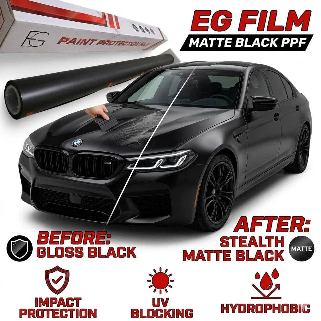 EG Film Matte Black PPF color protective film applied to a vehicle, showcasing a sleek matte black finish.
