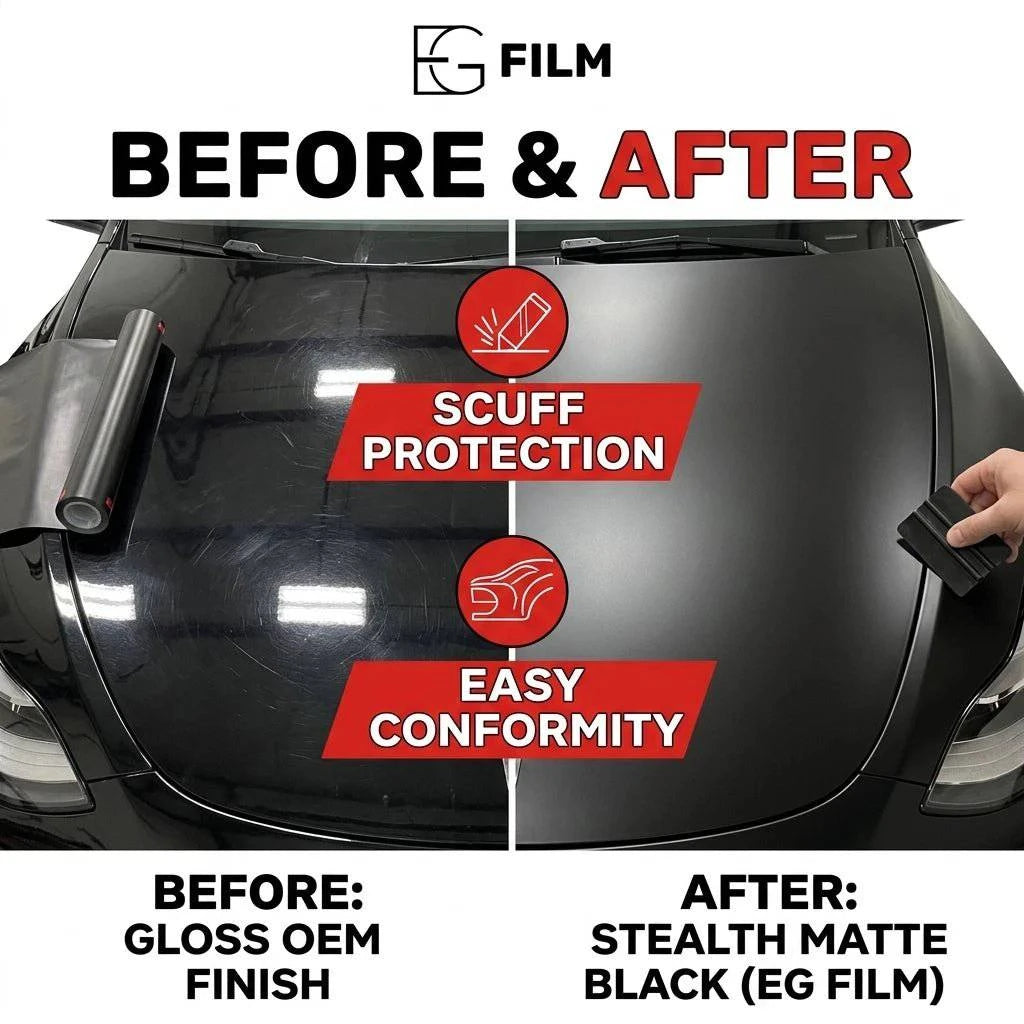 EG Film Matte Black PPF color protective film applied to a vehicle, showcasing a sleek matte black finish.