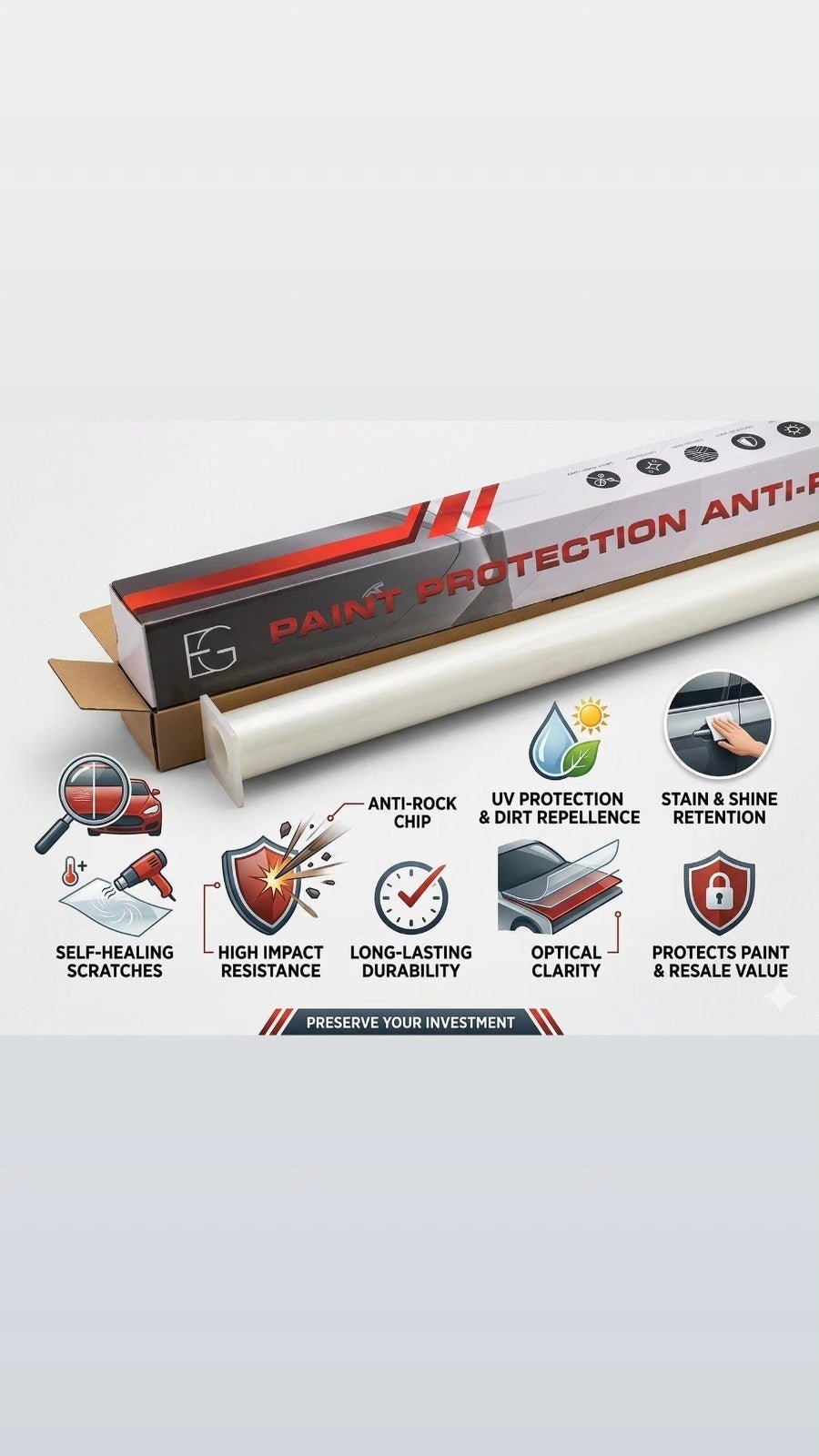 EG FILM Paint Protection Film (PPF) roll, 60" x 50ft, anti-yellowing clear film designed for vehicle surface protection.