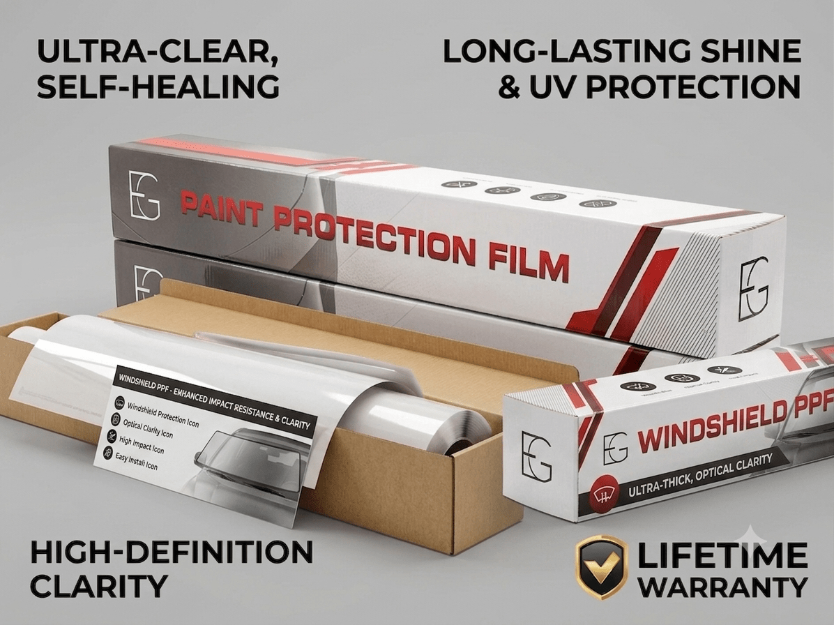 Clear EG Film Premium TPU Paint Protection Film applied on a vehicle's surface for protection and durability.