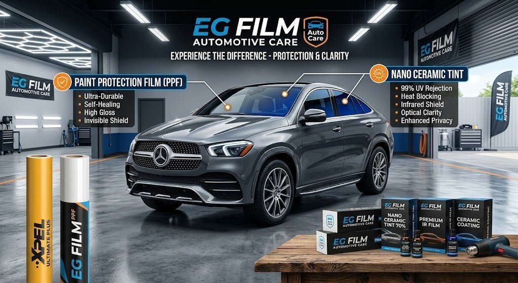 EG FILM windshield protection film PPF with self-healing, high gloss finish on a 60x50 inch sheet, designed for vehicle window protection.