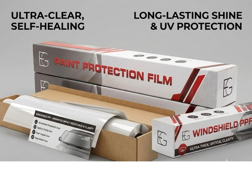 EG FILM windshield protection film PPF with self-healing and high-gloss finish, shown on a car windshield in a 60x50 inch sheet.