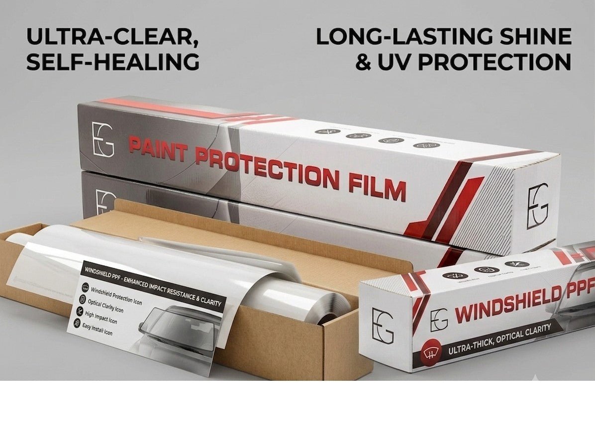 EG FILM windshield protection film PPF with self-healing and high-gloss finish, shown on a car windshield in a 60x50 inch sheet.