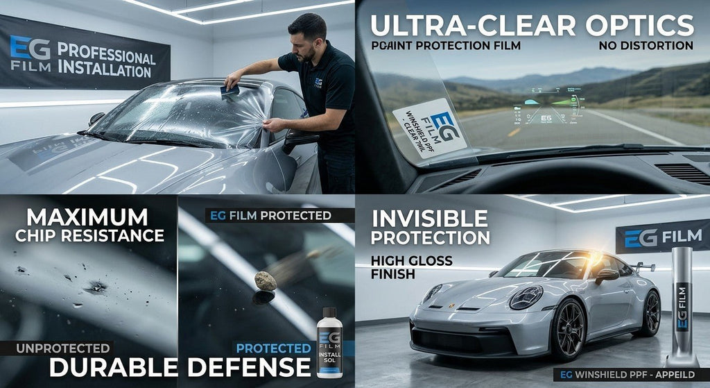 EG FILM windshield protection film PPF with self-healing, high gloss finish, shown on a vehicle windshield in 60x50 inch size.