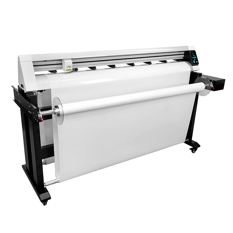 Alt Text: EG Tools Precision Pro digital vinyl plotter and cutter loaded with a media roll on a white background