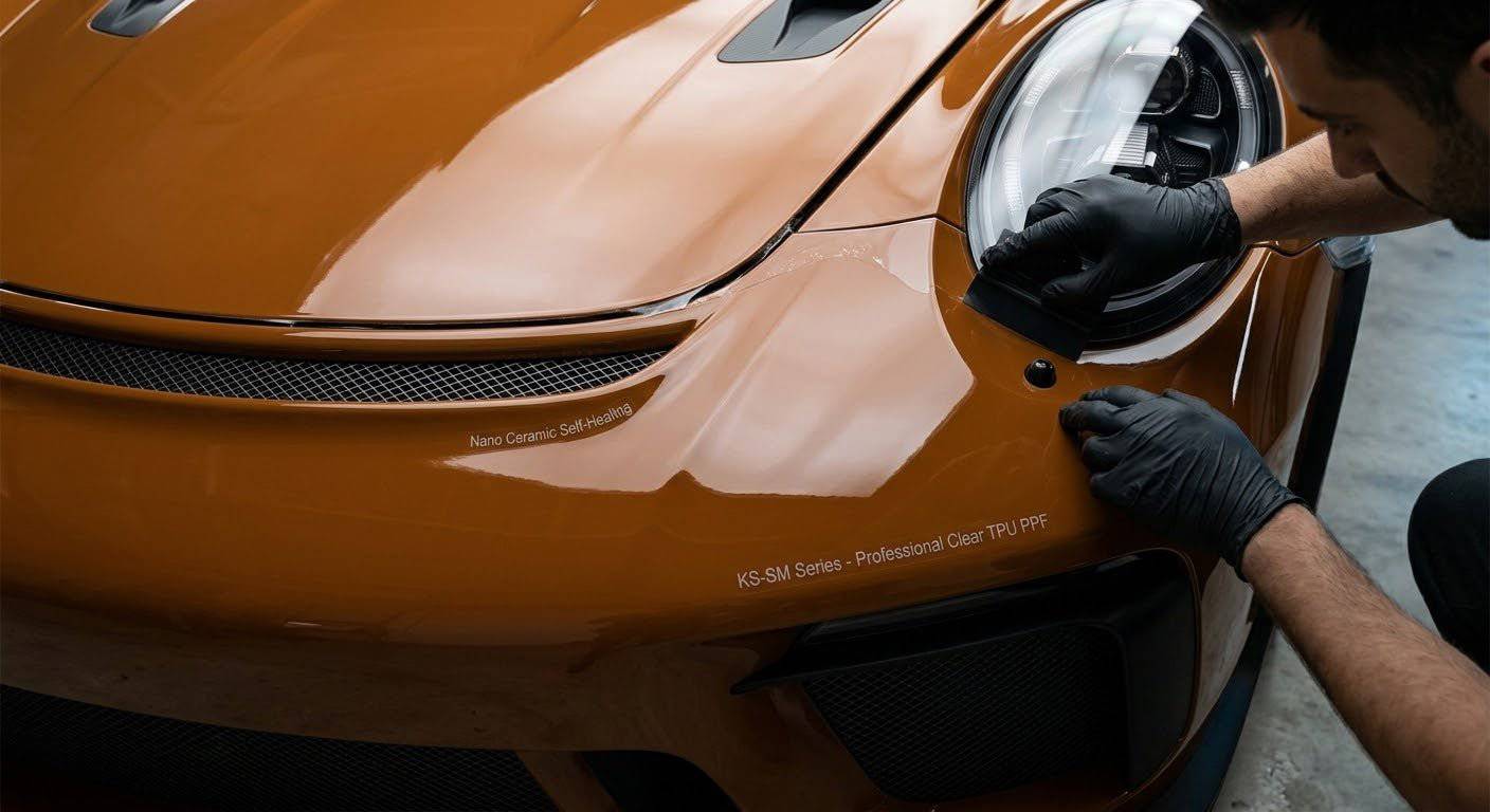 EG FILM KS-SM Series clear TPU paint protection film for vehicle, showing a close-up of the transparent protective layer.