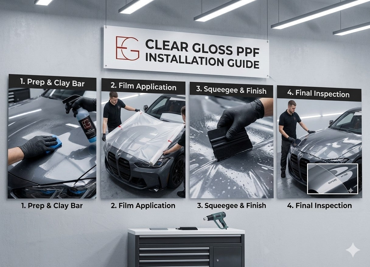 Clear glossy EG FILM paint protection film, TPU 6.5mm thickness, 60" x 50ft roll, shown applied to a vehicle surface.