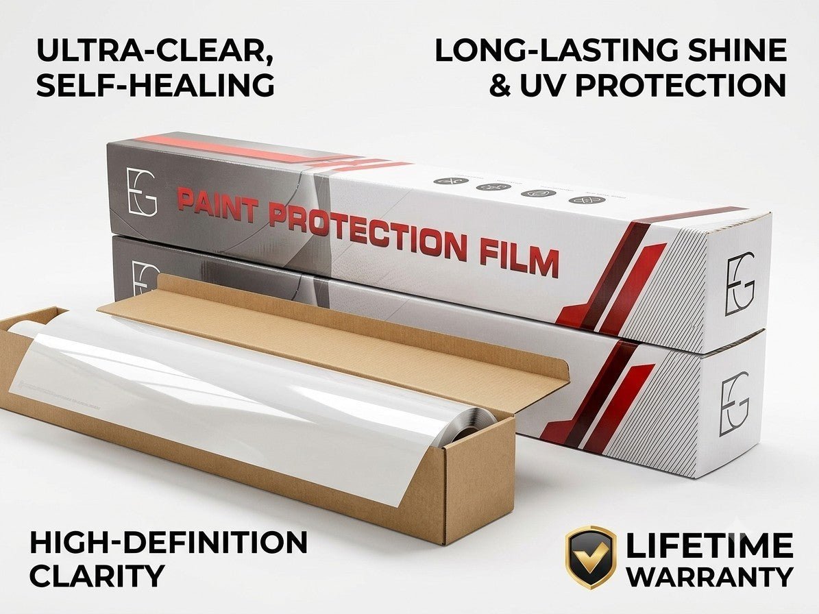 Clear glossy EG Film paint protection film, TPU, 6.5 mil thickness, 60"x50ft roll for vehicle surface protection.