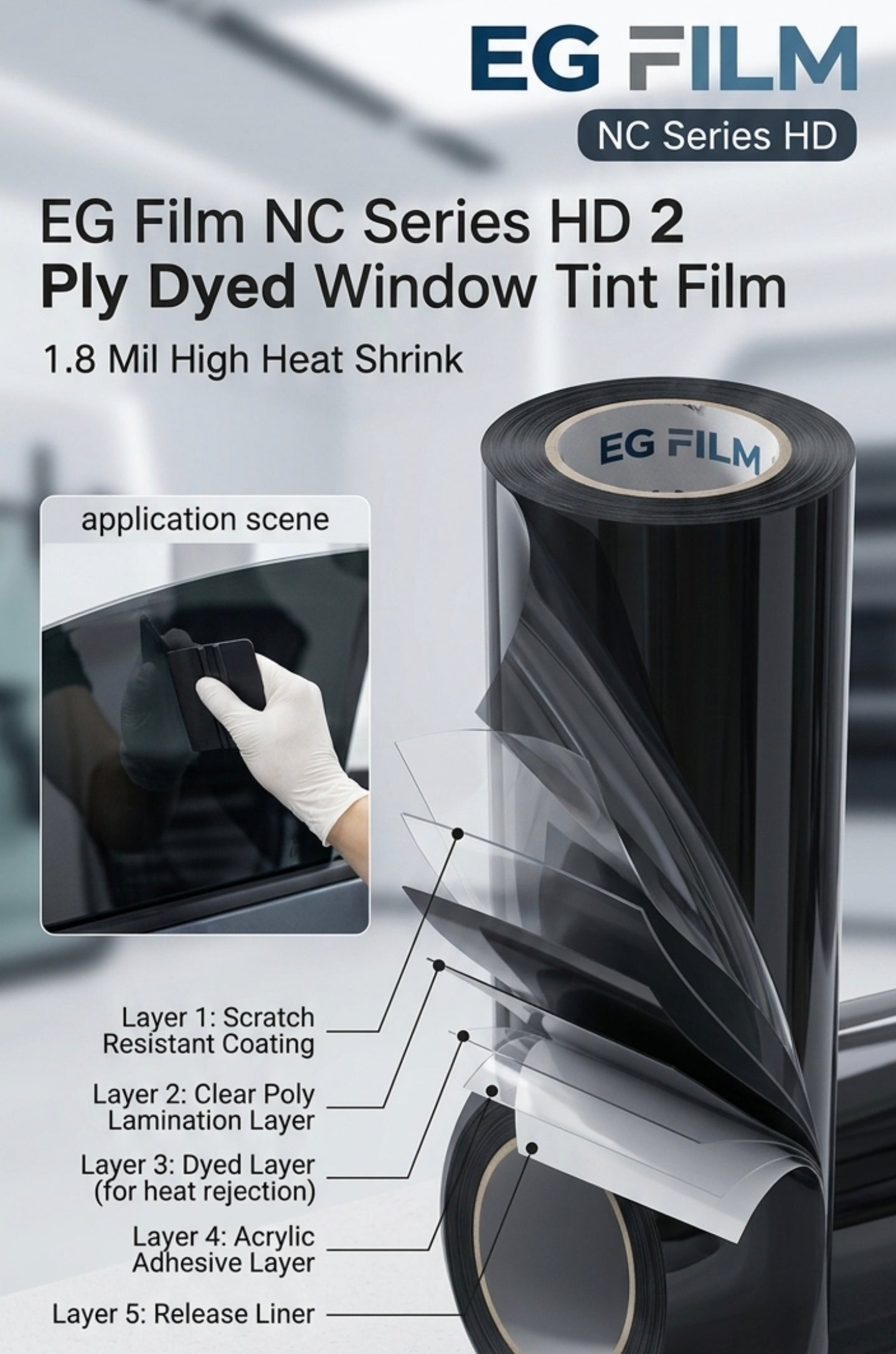 EG Film NC Series HD 2 Ply Dyed Window Tint Film 1.8 Mil High Heat Shrink