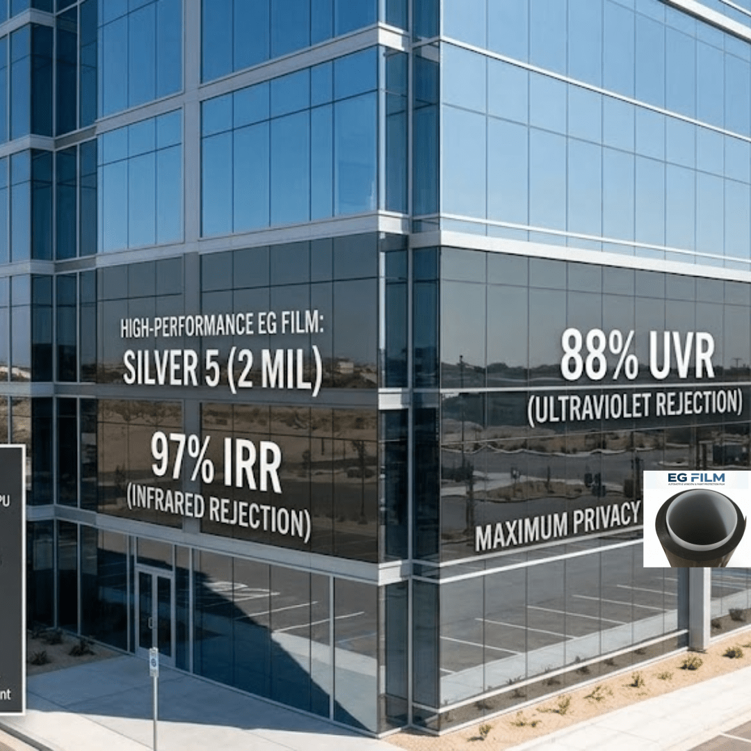 Silver 5% VLT commercial window film by EG FILM, 2 mil building film roll, offers high IR and UV protection.