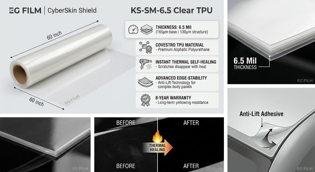 KS-SM-6.5 Clear TPU Paint Protection Film | 6.5 Mil Covestro Material | Self-Healing & Anti-Lift